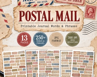 Postal Mail Journal Words, Vintage Ephemera Labels, Junk Journal Printable, Letter Writing Phrases, Happy Mail, Scrapbook Cut Outs JPGs
