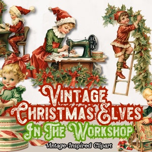 Clipart de elfo de natal PNG, clipart de natal vintage, design de elfo, clipart de elfos, gráficos de natal de elfo, para cartões, diários, álbum de recortes