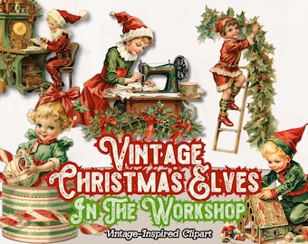 Christmas Elf Clipart PNG, Vintage Christmas Clipart, Elf Design, Elves Clip Art, Elf Christmas Graphics, for Cards, Journals, Scrapbooking