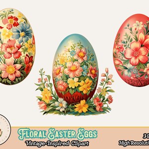 K&ouml;nnte beinhalten: Drei Vintage-Ostereier mit floralen Designs. Die Eier zeigen eine Vielzahl von Blumen in Rot-, Gelb-, Blau- und Rosat&ouml;nen. Der Text "Floral Easter Eggs" und "Vintage-Inspired Clipart" ist ebenfalls sichtbar.