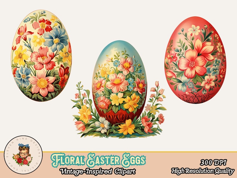 K&ouml;nnte beinhalten: Drei Vintage-Ostereier mit floralen Designs. Die Eier zeigen eine Vielzahl von Blumen in Rot-, Gelb-, Blau- und Rosat&ouml;nen. Der Text "Floral Easter Eggs" und "Vintage-Inspired Clipart" ist ebenfalls sichtbar.