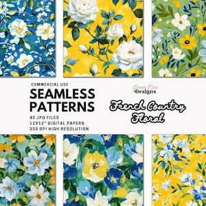 May include: A collection of seamless floral patterns in various color schemes, including blue, yellow, and green. The designs feature white and yellow flowers with green foliage. The image includes text that reads "Seamless Patterns" and "French Country Floral".