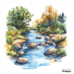 May include: A watercolour painting depicting a tranquil river scene. The image shows a blue river with stepping stones, flanked by green trees and foliage. The artwork has a natural theme. The text "Eleven Nine Designs" is in the bottom right corner.