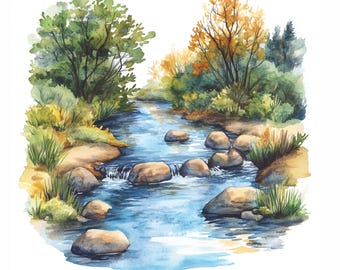 Fluss Landschaft Clipart JPG, Waldbach Kunstwerk, Bergfluss Aquarelldrucke, Naturszenen Illustrationen, Lake Creek Malerei Bilder