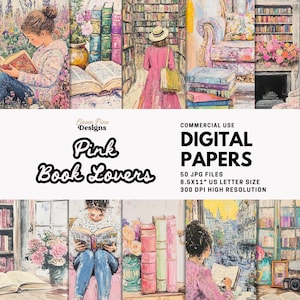 May include: Digital paper pack titled "Pink Book Lovers" with watercolor illustrations of people reading, books, and library scenes. Includes 50 JPG files, 8.5x11" US Letter size, and 300 DPI high resolution.