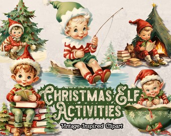 Christmas Elf Clipart PNG, Vintage Christmas Clipart, Elf Design, Elves Clip Art, Elf Christmas Graphics, for Cards, Journals, Scrapbooking