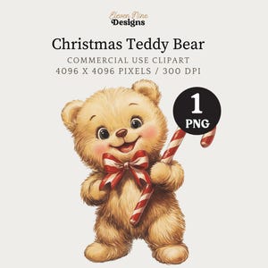 May include: A vintage-style illustration of a smiling teddy bear holding a candy cane. The bear has a red bow tie and rosy cheeks. The image includes the text "Christmas Teddy Bear" and "COMMERCIAL USE CLIPART". A black circle with the number "1" and "PNG" is also present.