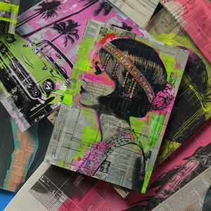 May include: A colorful abstract portrait of a woman with a black and white background. The woman is wearing a beaded headband and a pink and green dress. The background is made up of newspaper clippings and other textures.