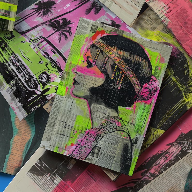 May include: A colorful abstract portrait of a woman with a black and white background. The woman is wearing a beaded headband and a pink and green dress. The background is made up of newspaper clippings and other textures.