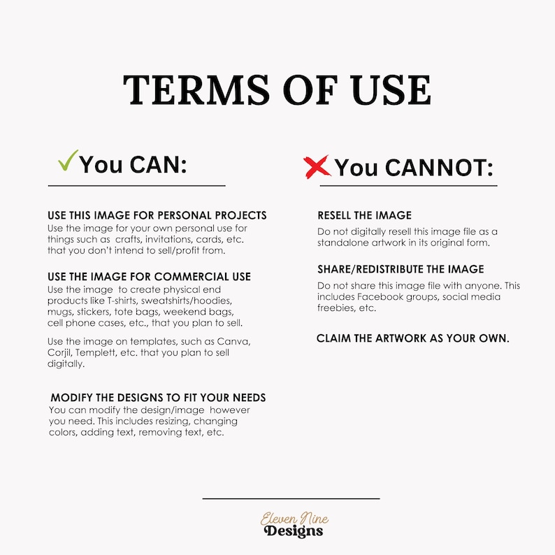 Pu&ograve; includere: Grafica in bianco e nero con il testo &laquo;TERMINI DI UTILIZZO&raquo;. Il testo descrive cosa &egrave; consentito e cosa no quando si utilizza l'immagine, incluso l'uso personale e commerciale e la modifica. L'immagine include anche il logo &laquo;Eleven Nine Designs&raquo;.