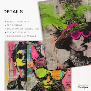 May include: A set of 35 digital papers featuring a collage of colorful, abstract designs with a retro, vintage aesthetic. The papers are in a high-resolution JPG format, measuring 2550 x 3300 pixels.  Commercial use is allowed.