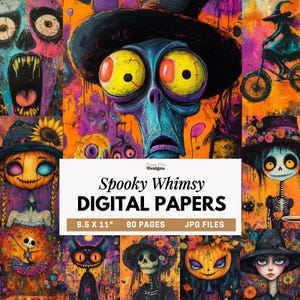 Könnte beinhalten: Eine digitale Papiersammlung mit dem Titel Spooky Whimsy DIGITAL PAPERS 8.5 X 11" 80 PAGES JPG FILES, die eine Collage aus farbenfrohen Illustrationen zeigt, darunter eine blaue Kreatur mit großen gelben Augen, eine Kürbisfigur und Skelette.