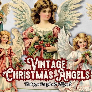 May include: Four vintage Christmas angels with wings, each holding a holly sprig with red berries. The angels are dressed in white, blue, and red gowns with gold trim. The text "Vintage Christmas Angels" is written in red and white.