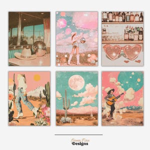 May include: A set of six vintage-style art prints. The prints feature a retro aesthetic with pastel colors, including a diner scene, a cowgirl with a disco ball, heart-shaped sunglasses, desert landscapes, and a musician.