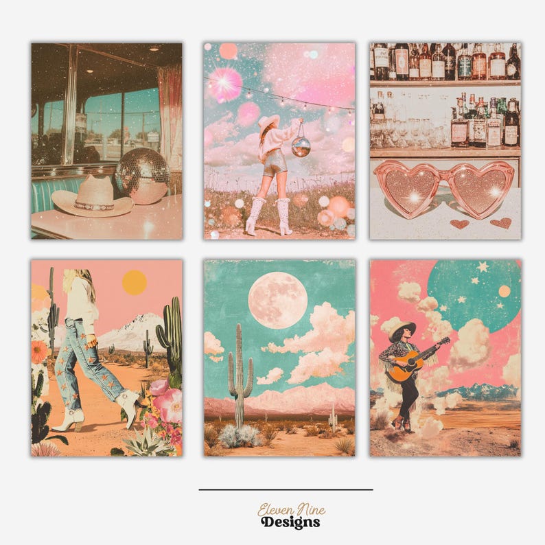 May include: A set of six vintage-style art prints. The prints feature a retro aesthetic with pastel colors, including a diner scene, a cowgirl with a disco ball, heart-shaped sunglasses, desert landscapes, and a musician.