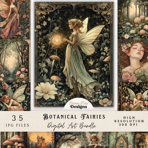 May include: A digital art bundle featuring botanical fairies. The artwork includes images of fairies with wings, mushrooms, and flowers. The text on the image reads "35 JPG FILES", "BOTANICAL FAIRIES", and "Digital Art Bundle". The images are high resolution at 300 DPI.