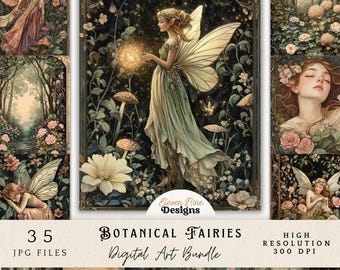 Botanical Fairies Art Digital Prints – Fairies, Forests, Flowers, Dark Cottagecore Aesthetic | Printable Wall Art JPGs, Instant Download