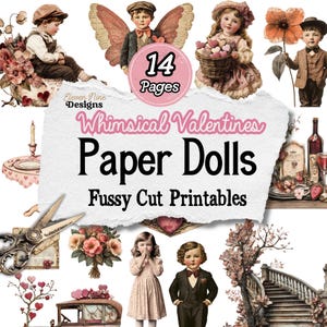 Valentines Printable Paper Dolls, Vintage Whimsical Children, Digital Collage Fussy Cut Printable, Mixed Media Art Junk Journal Supplies JPG