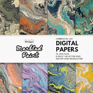 May include: A selection of digital papers with marbled paint designs. The papers display swirling patterns in various colours, including green, blue, orange, and yellow. The image text reads "Marbled Paint" and "Digital Papers", with a size of 21.59 x 27.94 cm.