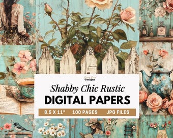 Rustiek shabby chic digitaal papier, boerderij plakboekpapier, vintage bloemenboerderij ongewenste dagboekpagina's, afdrukbare land ephemera