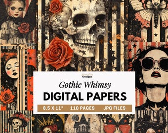 Gothic Whimsy Digital Papers, Dark Vintage Halloween Backgrounds, Skull and Roses Junk Journal Kit, Printable Gothic Collage Art