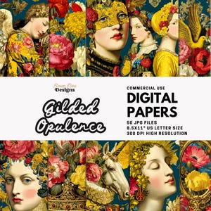 Könnte beinhalten: Digitales Papierpaket "Gilded Opulence" mit Vintage-Porträts, Blumen und einem Einhorn. Das Paket enthält 50 JPG-Dateien, 21,59 x 27,94 cm und 300 DPI hohe Auflösung.