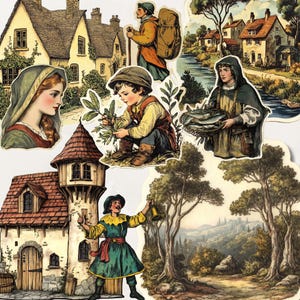 Pu&ograve; includere: Una collezione di adesivi in stile vintage con illustrazioni di scene medievali. Gli adesivi includono immagini di persone in abiti d'epoca, edifici e paesaggi. La tavolozza dei colori &egrave; calda, con toni della terra e un aspetto leggermente sbiadito.