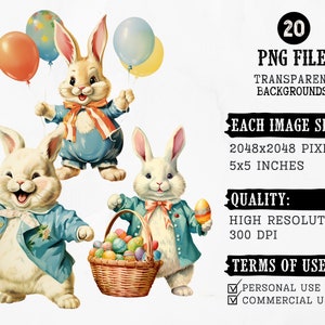 May include: Twenty digital clipart images of Easter bunnies in blue and white outfits with colorful balloons and Easter eggs. Each image is 2048x2048 pixels and 5x5 inches.  The images have transparent backgrounds.