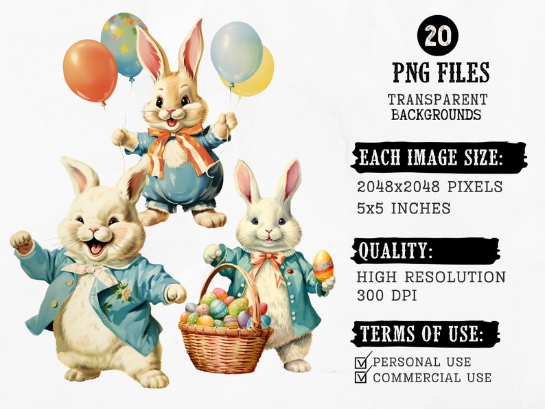 May include: Twenty digital clipart images of Easter bunnies in blue and white outfits with colorful balloons and Easter eggs. Each image is 2048x2048 pixels and 5x5 inches.  The images have transparent backgrounds.
