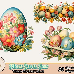 K&ouml;nnte beinhalten: Eine Sammlung von Vintage-inspirierten floralen Osterei-Clipart. Das Bild zeigt dekorierte Eier mit bunten Blumen, darunter rote, rosa und blaue Bl&uuml;ten. Ein Ei hat eine ovale Form, w&auml;hrend andere in einem Karton liegen. Der Text lautet "Floral Easter Eggs".