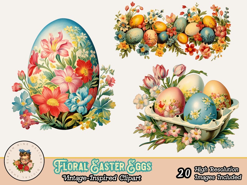K&ouml;nnte beinhalten: Eine Sammlung von Vintage-inspirierten floralen Osterei-Clipart. Das Bild zeigt dekorierte Eier mit bunten Blumen, darunter rote, rosa und blaue Bl&uuml;ten. Ein Ei hat eine ovale Form, w&auml;hrend andere in einem Karton liegen. Der Text lautet "Floral Easter Eggs".