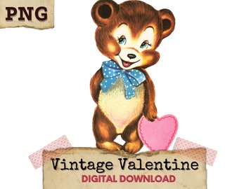 vintage Valentine Clipart, Teddy Bear Clipart, Valentine Digital Download, vintage Valentine, Valentine Bear PNG, Brown Bear PNG