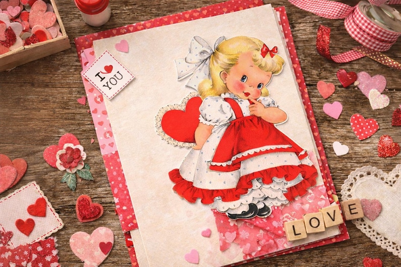 Vintage Valentines Clipart, Retro Valentines, Retro Clipart, Valentine Digital Download, Vintage Printable Valentines Girl PNG image 3