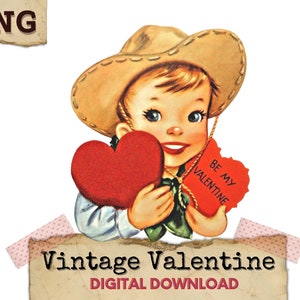 Cowboy Valentine PNG, Vintage Valentines Clip Art, Retro Cowboy Clipart, Valentine Hearts Digital Download, Valentines Boy PNG
