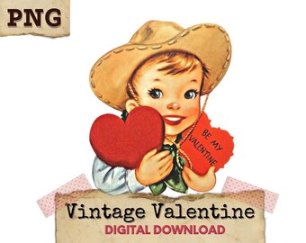 May include: Vintage Valentine's Day illustration of a boy wearing a cowboy hat holding a red heart and a sign that says "Be My Valentine".