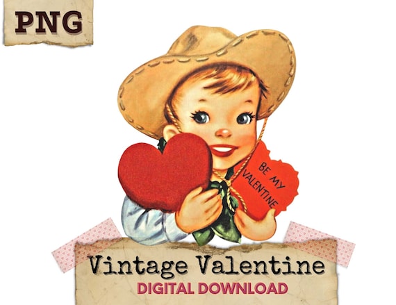 Cowboy Valentine PNG, Vintage Valentines Clip Art, Retro Cowboy Clipart, Valentine Hearts Digital Download, Valentines Boy PNG