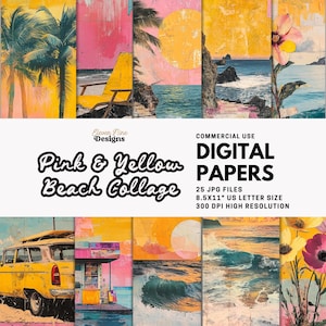 Beach Collage Digital Paper – Pink & Yellow Summer Journal, Coastal Scrapbook Backgrounds, Tropical Ephemera Printable JPG, Mixed Media Art