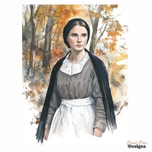 May include: Watercolor painting of a woman in historical attire, set against a backdrop of an autumn forest. She wears a black head covering, a dark gray dress, a white collar, and a white apron. The artwork has a vintage aesthetic.