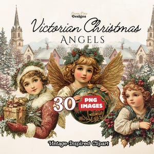 Victoriaanse kerstengel clipart, engel png, vintage engelillustraties, Victoriaanse kerstgraphics, kortstondige kerst