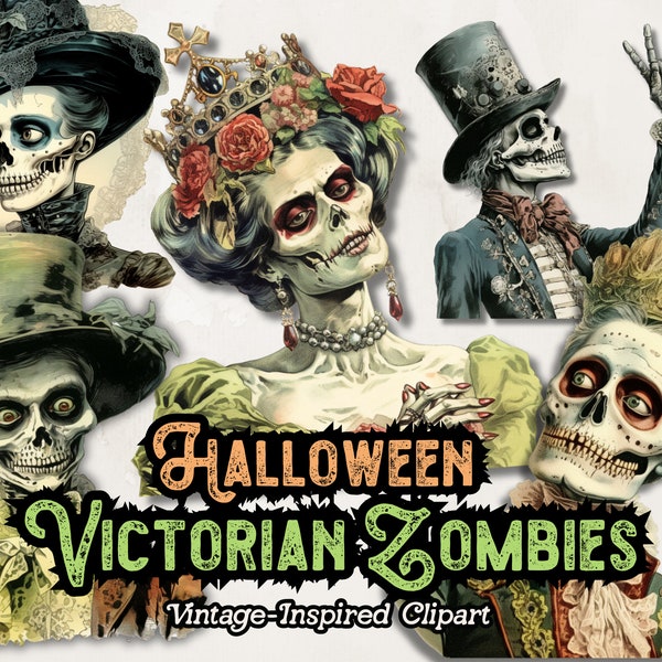Halloween Zombies Clipart, Victorian Zombies PNG, Horror PNG Clipart, Skeleton Paperdolls PNG, for Scrapbooks, Journal, Digital Download