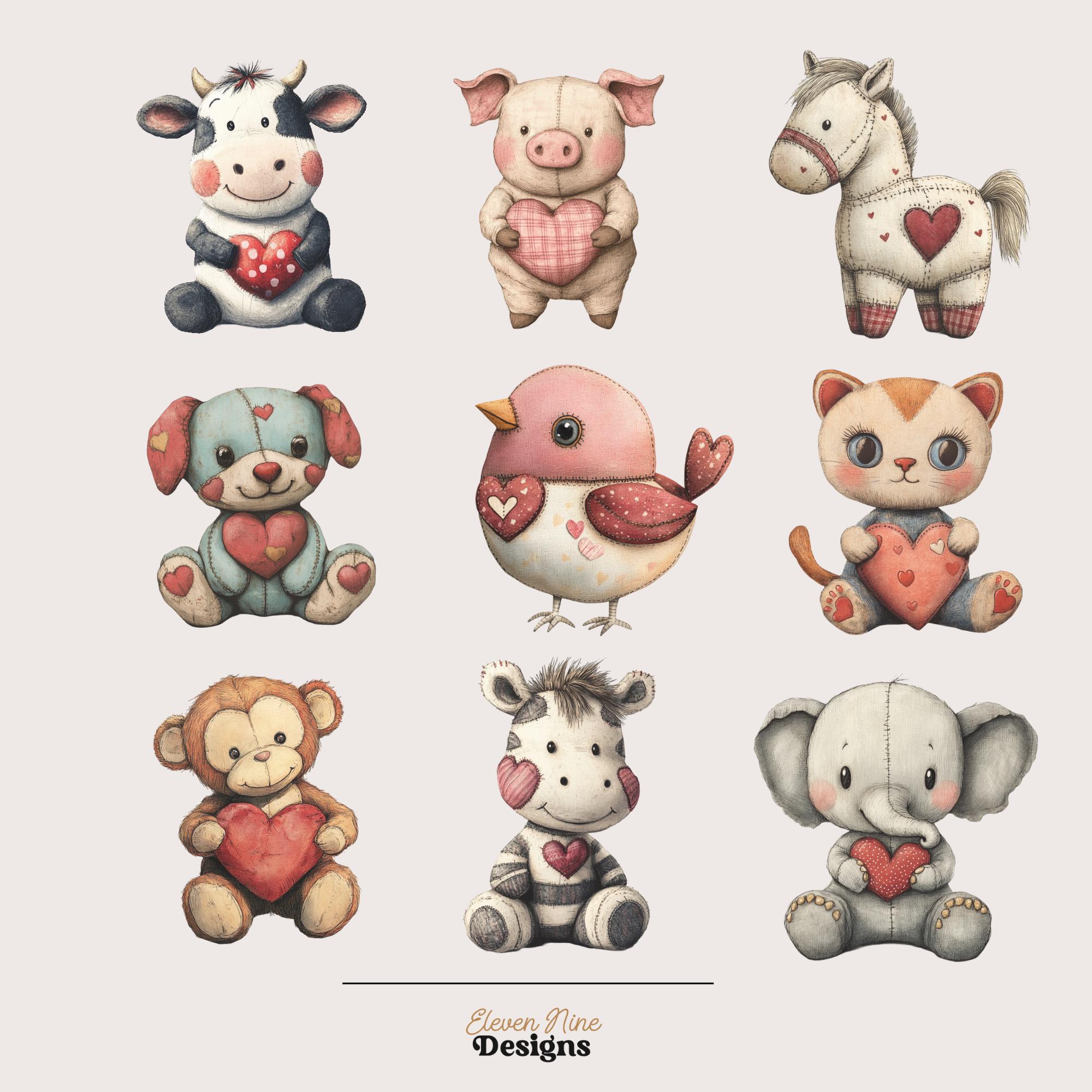 Vintage Plush Animals Clipart, Valentine Heart Animals PNG, Nursery ...