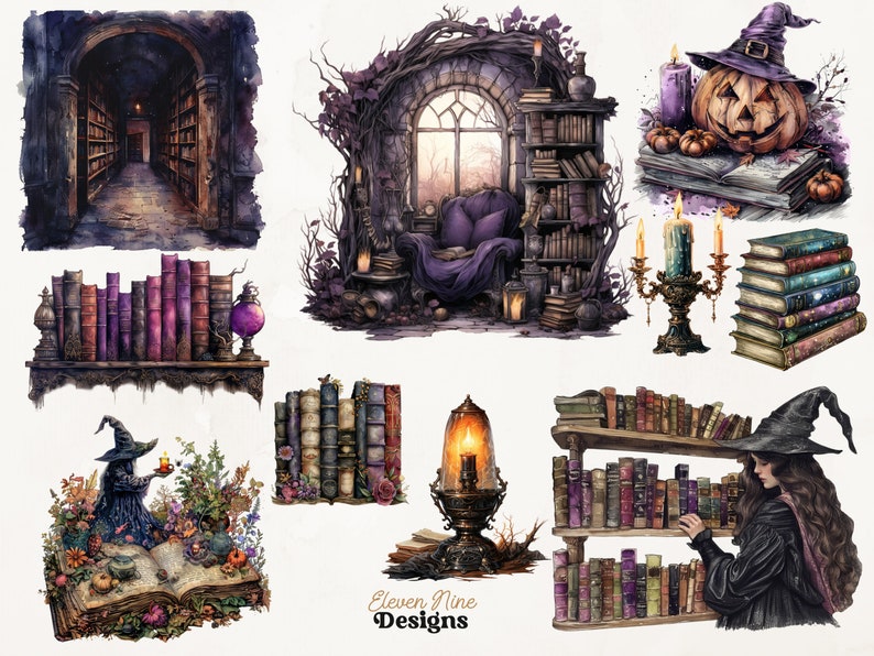 以下が含まれることがあります： 魔女、本、ろうそく、かぼちゃを描いたデジタルイラストの集まりです。イラストは水彩画風で、暗くて幻想的な雰囲気です。画像の下部に「Eleven Nine Designs」というテキストがあります。