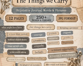 The Things We Carry Journal Words, Vintage Junk Journal Ephemera, Printable Words & Phrases, Scrapbook Labels, Digital Download