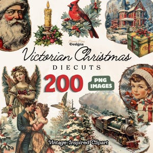 Victorian Christmas Clipart, Antique Vintage Christmas PNG Stickers, Holiday Graphics, for Junk Journals, Scrapbooks, Paper Crafting