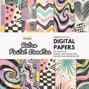May include: A set of 20 digital papers featuring retro pastel doodles in a variety of patterns, including swirls, zigzags, hearts, and polka dots. The papers are 8.5x11 inches and 300 DPI.