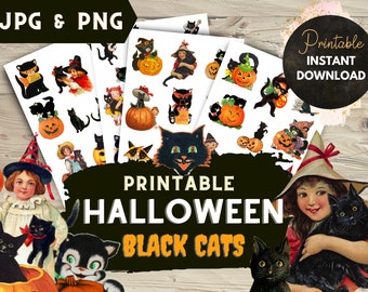 Hoja de collage digital de Halloween con recortes de Fussy Cut, hojas de collage de Halloween vintage, imprimibles de Halloween, diarios basura con efímeras de Halloween, collages, álbumes de recortes