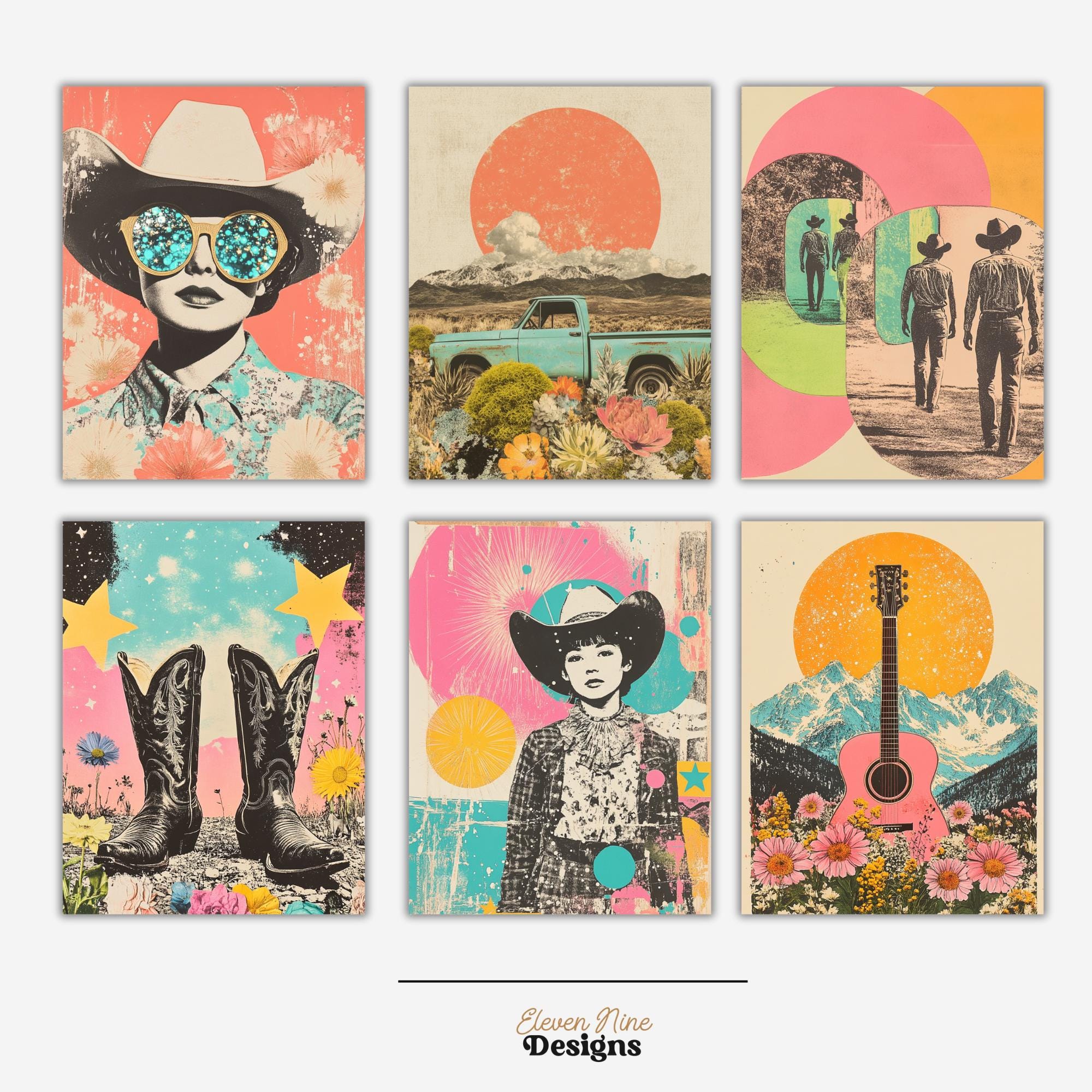 retro cowgirl art prints - set of 3 - digital download... Retro Pop Western Digital Paper, Cowgirl Cowboy Collage Art, Surreal ...