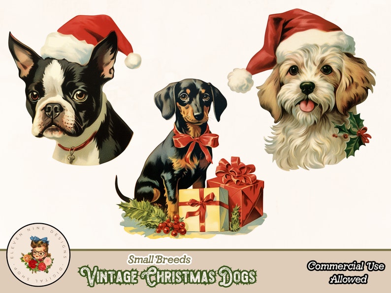 May include: Three vintage Christmas dog illustrations. A black and white Boston Terrier wearing a red Santa hat, a brown and tan Dachshund wearing a red ribbon and a white and brown dog wearing a red Santa hat. All three dogs are holding or near Christmas presents.