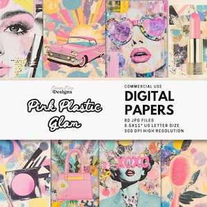 Może przedstawiać: Kolaż różowych i pastelowych papierów cyfrowych o tematyce retro. Obraz zawiera ilustracje klasycznego samochodu, kobiety z okularami przeciwsłonecznymi w kształcie serca i makijażem. Tekst brzmi "Pink Plastic Glam" i "Digital Papers".