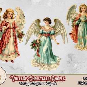 May include: Three vintage Christmas angels with wings, each wearing a different colored dress. The angel on the left is wearing a red and white dress, the angel in the middle is wearing a blue and white dress, and the angel on the right is wearing a green and white dress.